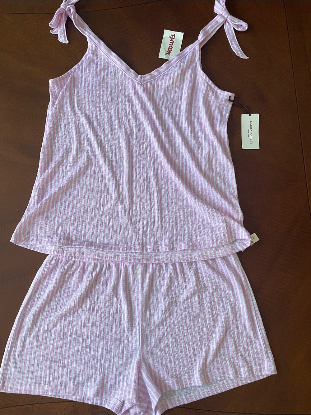 Laura Ashley Light Pink Striped Tie-Shoulder Pajama Set